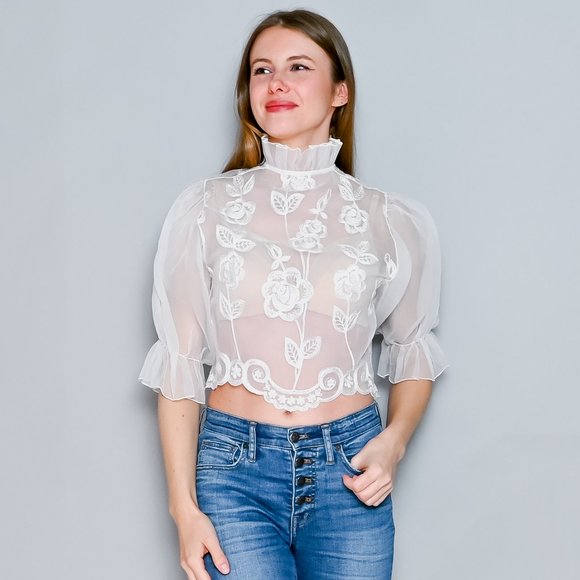 VINTAGE 70s White Organza Embroidered High-Neck Blouse XS - Picture 9 of 12